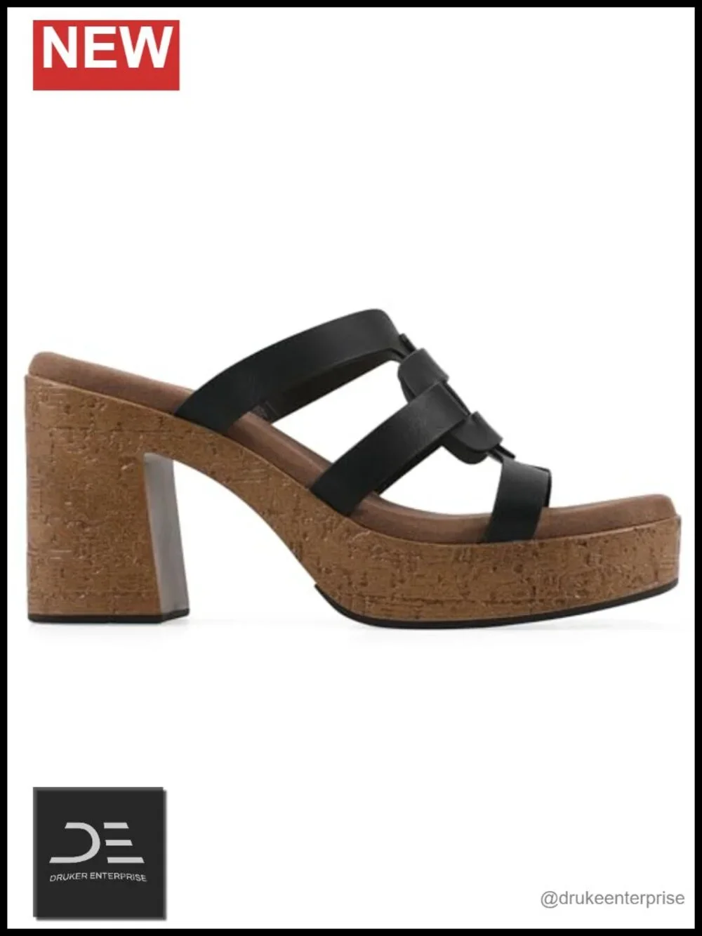 Platform Sandals Block Heel Cork Insole PU Square Toe Buckle
